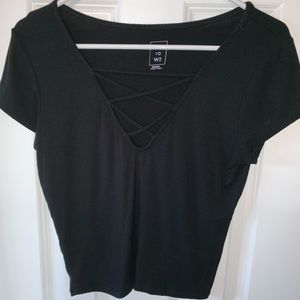 Black ribbed crop top with cross design